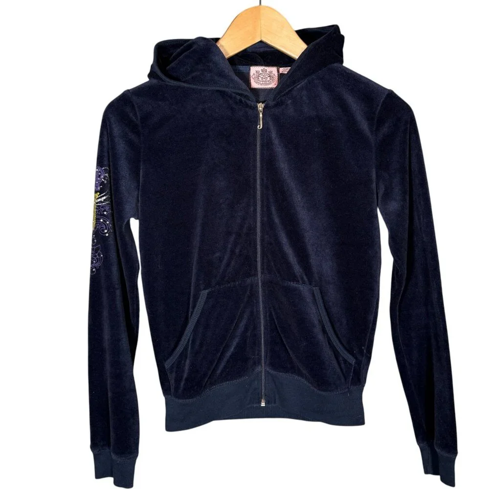 Juicy Couture Navy Blue Velour Hooded Zip Up Graphic Back Y2K XSP - Picture 2 of 9